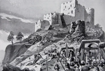 Walijski atak na zamek Montgomery w 1095 prowadzony przez Cadwgana ap Bleddyna, księcia Powys, ilustracja z „Hutchinson