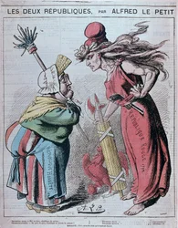 Karykatura o dwóch republikach „Republika Honnete (1830) i Republika Czerwona (1793)” autorstwa Alfreda Le Petitty w „Le Grelot”” 1872