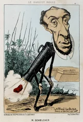 Le Bean rouge: karykatura Victora Schoelchera przedstawiona w pociągu Piotra fasola (pierdnięcie) - il. z 16.02.1871 w „Fleurs, Fruits et Vegetables du Jour”