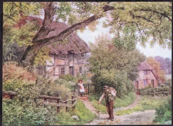 Przy wiejskiej drodze w Houghton, Suffolk, z książki Domki i życie wiejskie w wiejskiej Anglii, wydanej przez Dent & Sons Limited, 1912