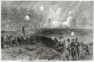 Armia Potomaku — Walka o Wystające, niedaleko Spottsylvanii w Wirginii. 12 maja 1864, z Harpers Weekly, wyd. 1864