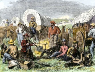 Historia osadników z West Conquete: Amerykańscy pionierzy. Obóz podróżników przy Grobie Nocy w pobliżu Diligences, Stany Zjednoczone. Kolorowa rycina z XIX wieku.