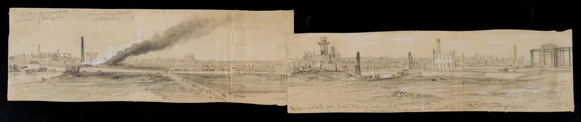 Dzielnica północna od mostu Erie Street, patrząc na wschód, podczas pożaru Chicago w 1871 r. (ołówek i kreda na papierze)