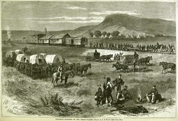 Budynek linii kolejowej na Wielkich Równinach, z „Tygodnika Harpera”, 17 lipca 1875 r.