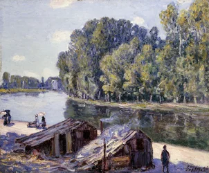 Chaty na skraju Canal du Loing ze słońcem; Kabiny na skraju Canal du Loing-Efekt słońca