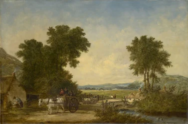 Zalesiony krajobraz wiejski z postaciami w wózku, ok. 1855