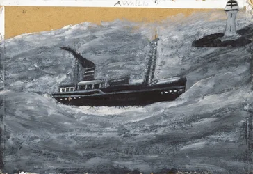 Trawler i molo (olej na karcie)