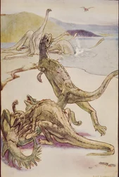 Scena mezozoiczna przedstawiająca Deinotherię, ilustracja z „The Outline of History” HG Wellsa, tom I, opublikowana w 1920 r. (litografia kolorowa)
