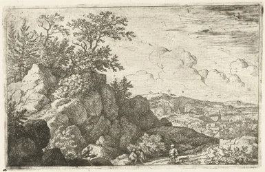 Górski krajobraz z człowiekiem i psem Rolnik, za którym podąża jego pies