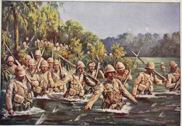Argyll i Sutherland Highlanders przeprawiający się przez rzekę Modder, ilustracja z „Bitwy XIX wieku, tom. VI: Wojna burska z lat 1899-1900