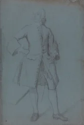 Stojący mężczyzna trzymający laskę w lewej ręce, pełnej długości