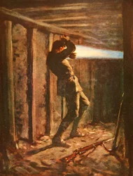 Język niebieskiego płomienia wystrzeliwujący od strony nieprzyjacielskiej galerii kopalni i poważnie płonący szeregowiec Bytheway (kolor lito)