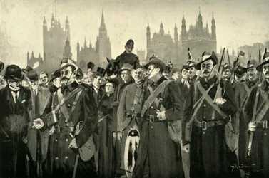 „Odpowiedź Londynu – Miejska Imperialna Wolontariusze Przekraczający Most Westminsterski”, 1900.