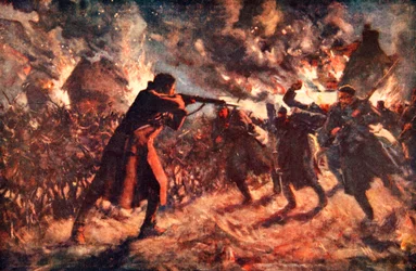 Szeregowy Meston atakuje, w pojedynkę, kilku wrogów, którzy nacierają, po zdobyciu brytyjskiego rowu (kolor lito)