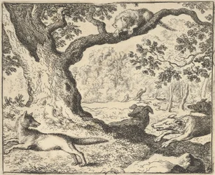 Po fałszywej historii Renarda jego ojciec jest ścigany przez psy myśliwskie z Hendrick van ..., 1650-75.