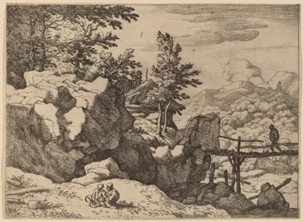 Mężczyzna na małym drewnianym moście, prawdopodobnie ok. 16451656.
