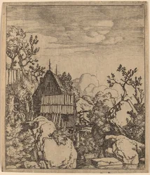 Mężczyzna na małym drewnianym moście, prawdopodobnie ok. 16451656.