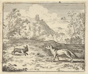 Renard kłamie, że królik obraził jedno ze swoich dzieci, 1650-75.