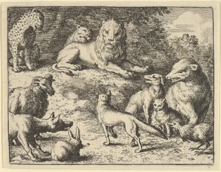 Renard zostaje oskarżony przez zwierzęta przed lwem, 1650-75.