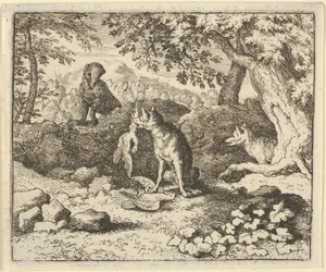 Borsuk spieszy się ostrzec Renarda przed lwem, 1650-75.
