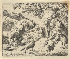 Niedźwiedź szuka sprawiedliwości od lwa przeciwko Renardowi, 1650-75.