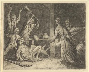 Kot, złapany w sidła, jest maltretowany przez ludzi z domu, 1650-75.