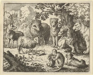 Małpa otwiera paczkę i zabiera głowę królika ku wielkiej niespodziance..., 1650-75.