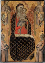 Majestatyczna Dziewica otoczona sześcioma aniołami Ołtarz autorstwa Allegretto Nuzi (1350-1375). Ciemny. 138x99 cm. Awinion, muzeum małego pałacu