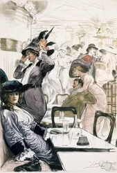 Cafe Society, z „Paryż: Moeurs, kostiumy i postawy 1912-13, t. 1: Les Bars”, wydana 1914 (kolor lito)
