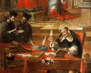 Dwóch jezuitów rozmawiających, gdy św. Rajmond pisze sobór, szczegół od św. Rajmunda z Penafort, doradcy papieża Grzegorza IX, autorstwa Alonso Antonio Villamora (1661-1729). Z klasztoru św. Estebana w Salamance w Hiszpanii.