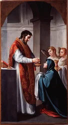 Matka Boska przyjmuje komunię od świętego Jana Chrzciciela. Obraz Alonso Cano (1601-1667), XVII wiek, Genua, Musei di Strada Nuova (dawniej Palazzo Bianco)