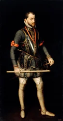 ""Portret Filipa II (1527-1598), króla Hiszpanii"" (Portret Filipa II (1527-1598), króla Hiszpanii i Portugalii) Obraz Alonso Sanchez Coello (1531-1588) Olej na płótnie wym. 187x100 cm Staatliche Museen, Berlin