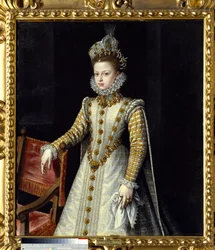 Portret Infante Isabelle Claire Eugenie (1566-1633), suwerennej Holandii. Obraz Alonso Sancheza Coello (1531-1588) Ec. Esp.