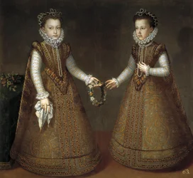 Infantki Isabel Clara Eugenia (Isabelle Claire Eugenie z Austrii) (1566-1633) i Catherine Michelle z Hiszpanii (1567-1597) (Catherine Michelle z Austrii) autorstwa Sanchez Coello, Alonso (1531-1588), ca. 1575 - Olej na płótnie