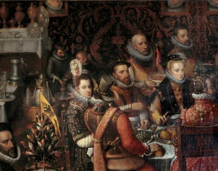 Bankiet monarchów rodu austriackiego Szczegół przedstawiający po prawej stronie Annę Austriaczkę (1549-1580), żonę Filipa II Hiszpańskiego (1527-1598), a po lewej infante Isabellę Clarę Eugenia ( 1566-1633). Malarstwo Alonso Sanch