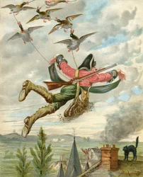 Podniesione z ziemi przez kaczki, z „Przygód barona Munchausena” Rudolfa Ericha Raspe (1736-94) wydanej ok. 1886 (kolor lito)