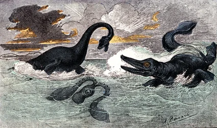 Okres Lias (jura dolna): Plezjozaur i ichtiozaur, stworzenie naturalne i istoty żywe (autor: Jules Renegade) Rysunek: A. Demarle. 1885