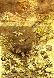 Prehistoria – koniec okresu syluru: Stworzenie naturalne i istoty żywe (J. Rengade) Rysunek A. Demarle. 1885