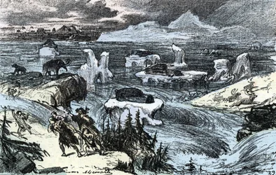 Pre-historia; powódź w Europie Środkowej pod koniec epoki lodowcowej Rycina z „” Natura i człowiek” Rengade 1881 Zbiory prywatne