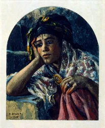 Ilustracja Dineta z "Mirages" Sceny z życia arabskiego. 1906. Mirages, Scenes De La Vie Arab została zilustrowana przez Etienne Dineta z komentarzem Silmana Ben Ibrahima Bamera. Nasreddine Dinet urodził się jako Alphonse-Etienne Dinet; (1861-1929) był Fran
