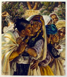 Ilustracja Dineta z "Mirages" Sceny z życia arabskiego. 1906. Mirages, Scenes De La Vie Arab została zilustrowana przez Etienne Dineta z komentarzem Silmana Ben Ibrahima Bamera. Nasreddine Dinet urodził się jako Alphonse-Etienne Dinet; (1861-1929) był Fran