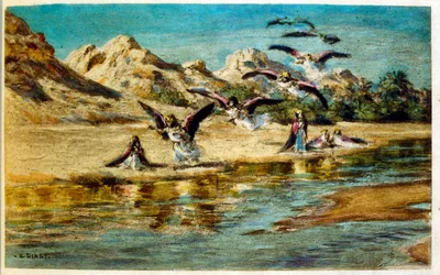 Ilustracja Dineta z "Mirages" Sceny z życia arabskiego. 1906. Mirages, Scenes De La Vie Arab została zilustrowana przez Etienne Dineta z komentarzem Silmana Ben Ibrahima Bamera. Nasreddine Dinet urodził się jako Alphonse-Etienne Dinet; (1861-1929) był Fran