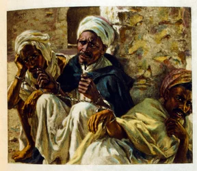 Ilustracja Dineta z "Mirages" Sceny z życia arabskiego. 1906. Mirages, Scenes De La Vie Arab została zilustrowana przez Etienne Dineta z komentarzem Silmana Ben Ibrahima Bamera. Nasreddine Dinet urodził się jako Alphonse-Etienne Dinet; (1861-1929) był Fran