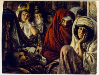 Ilustracja Dineta z "Mirages" Sceny z życia arabskiego. 1906. Mirages, Scenes De La Vie Arab została zilustrowana przez Etienne Dineta z komentarzem Silmana Ben Ibrahima Bamera. Nasreddine Dinet urodził się jako Alphonse-Etienne Dinet; (1861-1929) był Fran