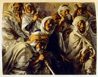 Ilustracja Dineta z "Mirages" Sceny z życia arabskiego. 1906. Mirages, Scenes De La Vie Arab została zilustrowana przez Etienne Dineta z komentarzem Silmana Ben Ibrahima Bamera. Nasreddine Dinet urodził się jako Alphonse-Etienne Dinet; (1861-1929) był Fran