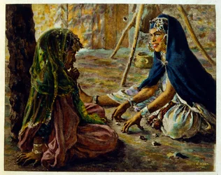 Ilustracja Dineta z "Mirages" Sceny z życia arabskiego. 1906. Mirages, Scenes De La Vie Arab została zilustrowana przez Etienne Dineta z komentarzem Silmana Ben Ibrahima Bamera. Nasreddine Dinet urodził się jako Alphonse-Etienne Dinet; (1861-1929) był Fran