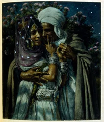 Ilustracja Dineta z "Mirages" Sceny z życia arabskiego. 1906. Mirages, Scenes De La Vie Arab została zilustrowana przez Etienne Dineta z komentarzem Silmana Ben Ibrahima Bamera. Nasreddine Dinet urodził się jako Alphonse-Etienne Dinet; (1861-1929) był Fran