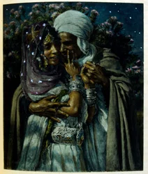 Ilustracja Dinet z „Mirages” Sceny z życia Arabów. 1906. Mirages, Scénes De La Vie Arab został zilustrowany przez Etienne Dinet z komentarzem Silmana Ben Ibrahima Bamera. Nasreddine Dinet urodził się jako Alphonse-Étienne Dinet; (1861-1929) był francuskim 