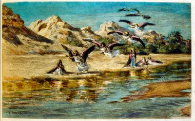 Ilustracja Dinet z „Mirages” Sceny z życia Arabów. 1906. Mirages, Scénes De La Vie Arab został zilustrowany przez Etienne Dinet z komentarzem Silmana Ben Ibrahima Bamera. Nasreddine Dinet urodził się jako Alphonse-Étienne Dinet; (1861-1929) był francuskim 