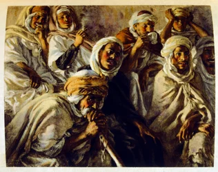 Ilustracja Dinet z „Mirages” Sceny z życia Arabów. 1906. Mirages, Scénes De La Vie Arab został zilustrowany przez Etienne Dinet z komentarzem Silmana Ben Ibrahima Bamera. Nasreddine Dinet urodził się jako Alphonse-Étienne Dinet; (1861-1929) był francuskim 